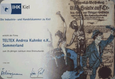 Ehrenurkunde der IHK Kiel zum 25-jährigen Juiläum